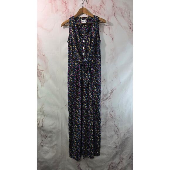 Vintage Pants - Vintage Jumpsuit Womens Small Black 90s 80s Tank Floral Wide Leg Button Tie Knot